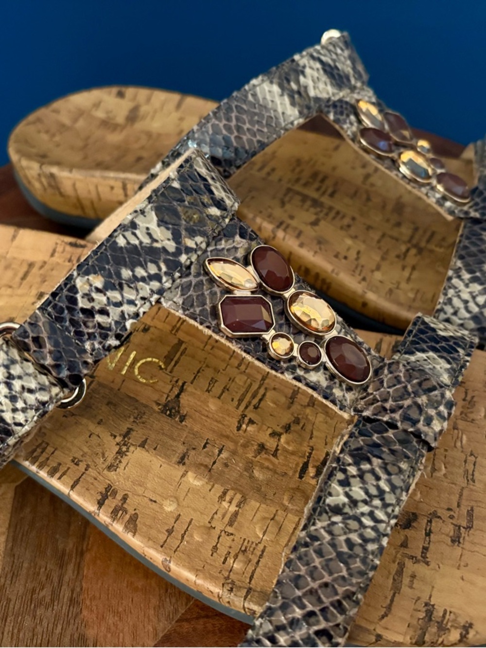 Vionic Viviana Snake-Print Cork Slide Sandals with Gem Accents